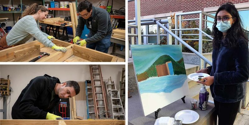 a collage with three images. two on the left show three students creating a wooden construction. one on the right shows a student painting a ceiling tile. details below