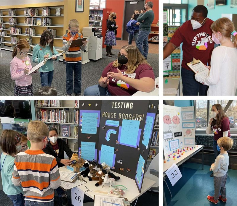 a collage of four images where the LaConte, LeClair/Binks, Rau, and Parker kids view and judge the exhibits prepared by Virginia Tech graduate students