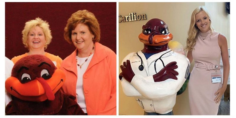 Nancy and Susan Lucas with the hokie bird. Ali Toloczko, first recipient of the scholarship, with the hokie bird statue.