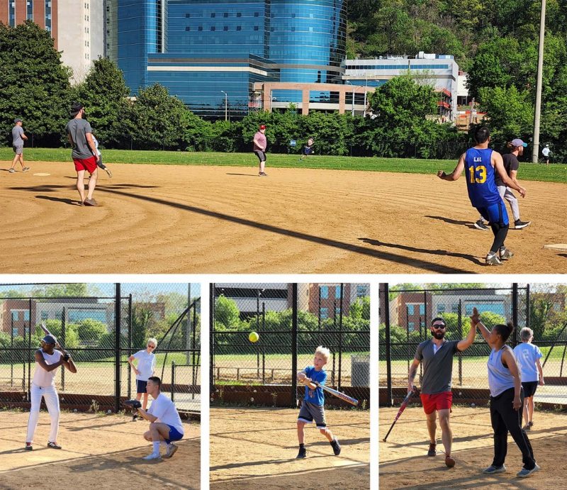 a collage of four images of a softball game. top: someone running to first base, with Carilion Roanoke Memorial Hospital in the background; three scenes with someone at bat, a child at bat, and a high five between two people