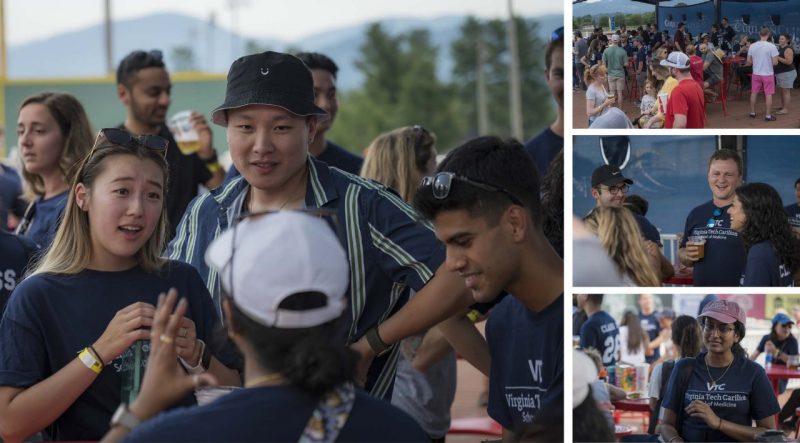 A collage of four images. Large: M1 students interaction; three thumbnails: people gathering in the Carilion box; a closeup of three students interacting; a student smiling