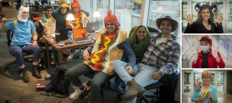 A collage of four images with students and faculty dressed up for Halloween