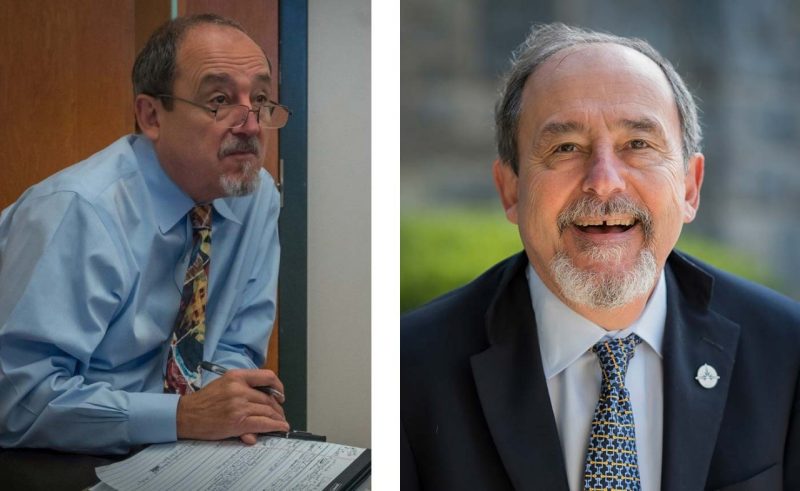 two photos of Rick Vari. left - in his element as a teacher. right - headshot in front of the medical school
