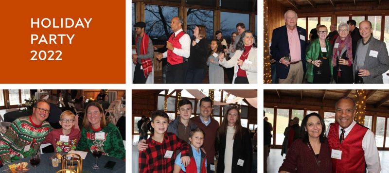 a collage of five photos from the holiday party at the Braeloch