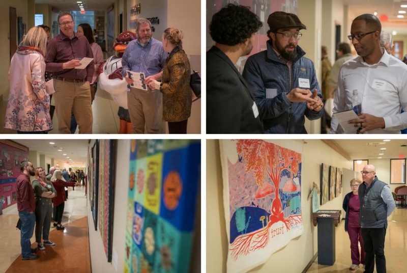 a collage of four images of the art show, with people gathered or looking at art