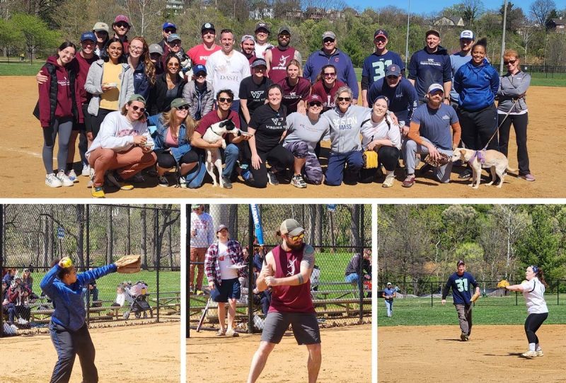 collage of softball game. top: group shot, bottom left: catcher, student at bat, outfielder