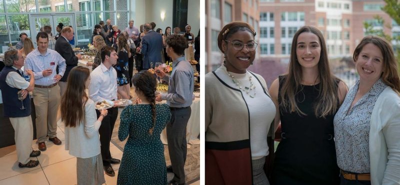 collage of two images: wide shot of donor reception and a photo of nneoma, celine, and LB
