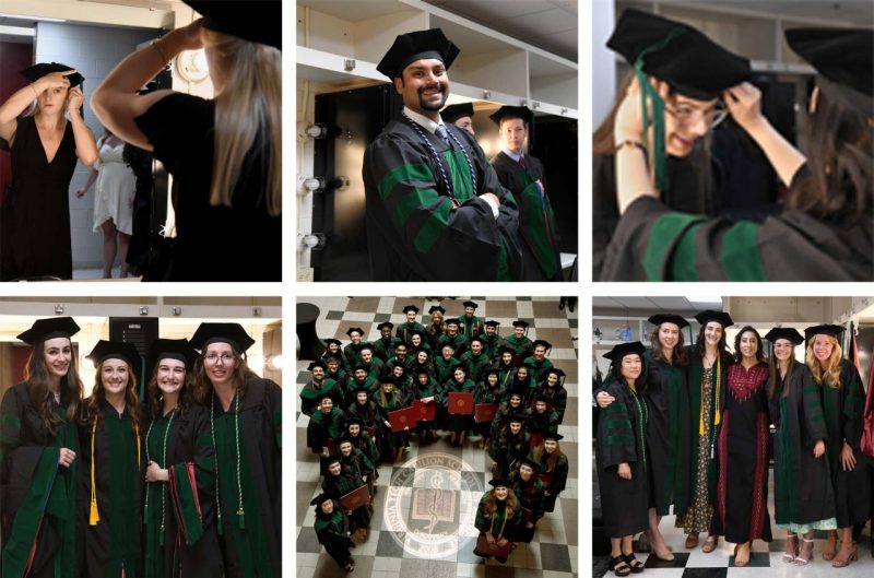 a collage of behind the scenes images from graduation. top row contains three images of students in the dressing room. bottom row shows a group of four students, the whole class of 2023, and a group of six students