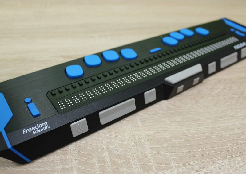 Focus 40 has one line braille display and eight blue finger sized buttons for braille input