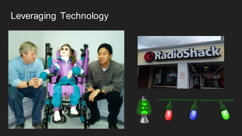 Two photos. Left: Alison in her custom wheelchair. Right: storefront of RadioShack. Slide also includes christmas lights and lava lamps