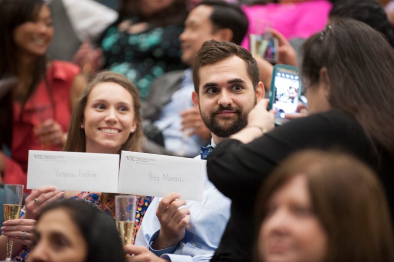 .Medical students Victoria Fischer and Pete Moreau hold envelopes containing their "matches" for a photo.